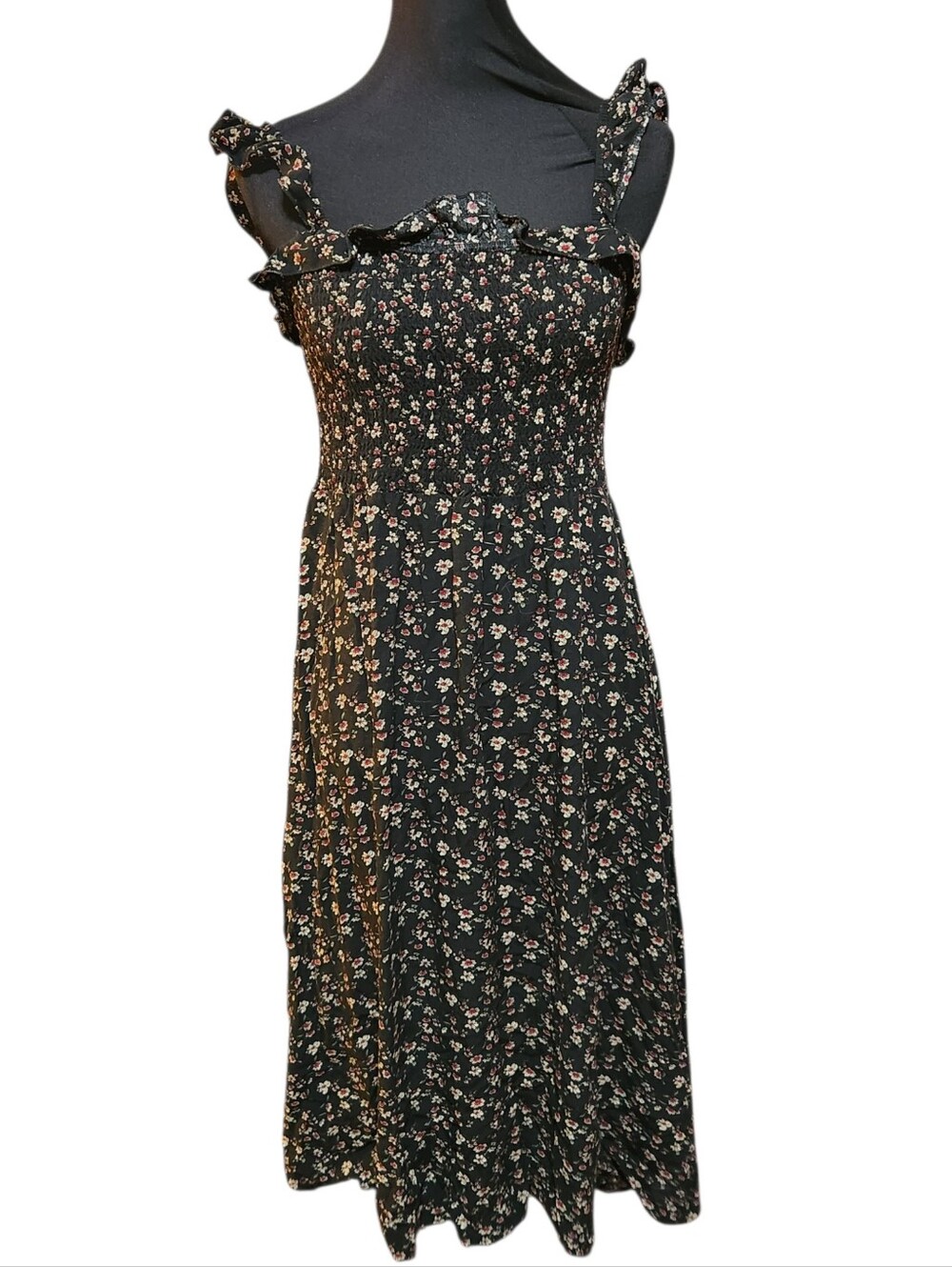 Natural Life Summer Dress Womens Size Small Black Floral Ruffle Strap Sleeve